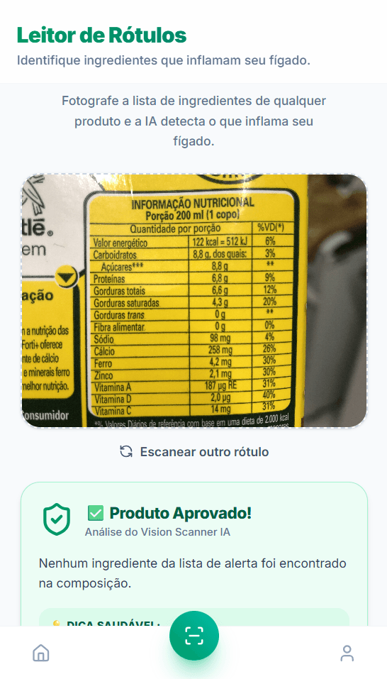 Vision Scanner analisando rótulo e identificando ingredientes inflamatórios