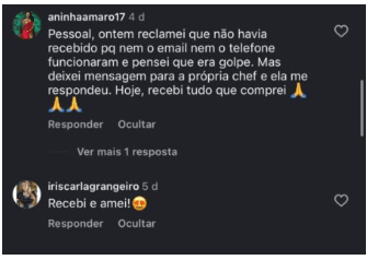 Comentários de clientes no Instagram